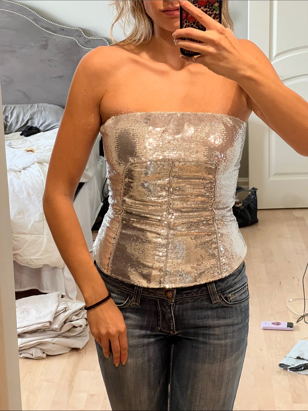 Sequin Strapless Bustier Top in Shimmering silver
